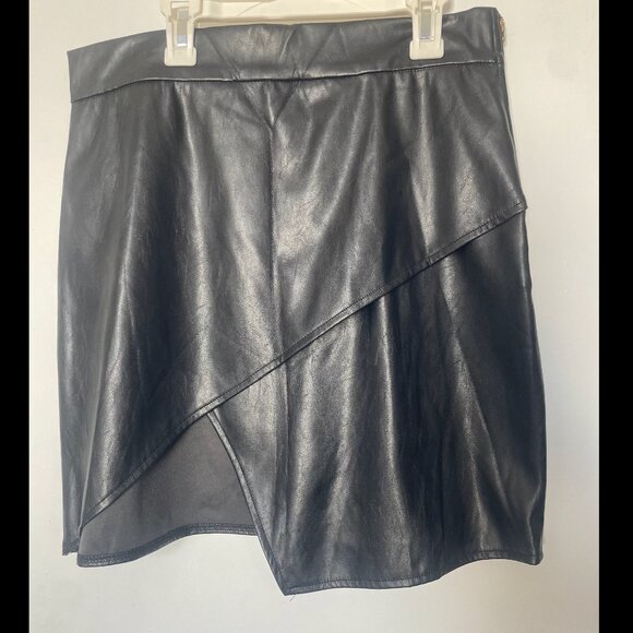 Black Faux Leather Sexy Asymmetrical Wrap Skirt - Picture 3 of 5
